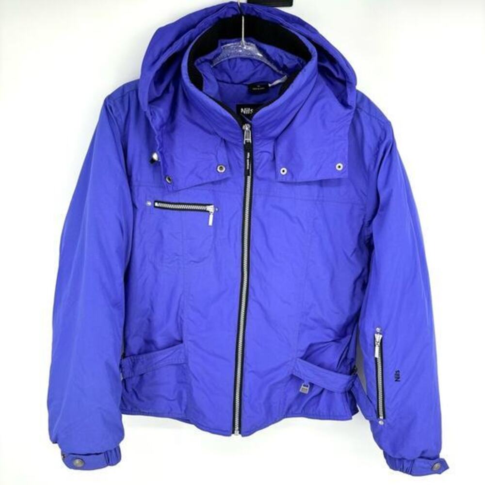 NILS Ski Jacket Size 10 Stowaway Hood Skiwear Zipper Front Bright‎ Slopes